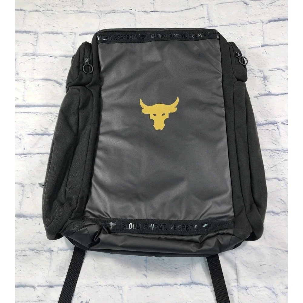 Under Armour UA Project Rock Duffle Backpack Bag Black Gold Gym 1376459-002 WWE